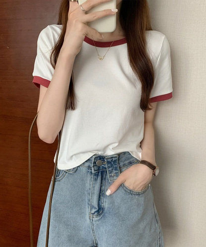 配色 クロップド丈 クルーネック 半袖 Tシャツ