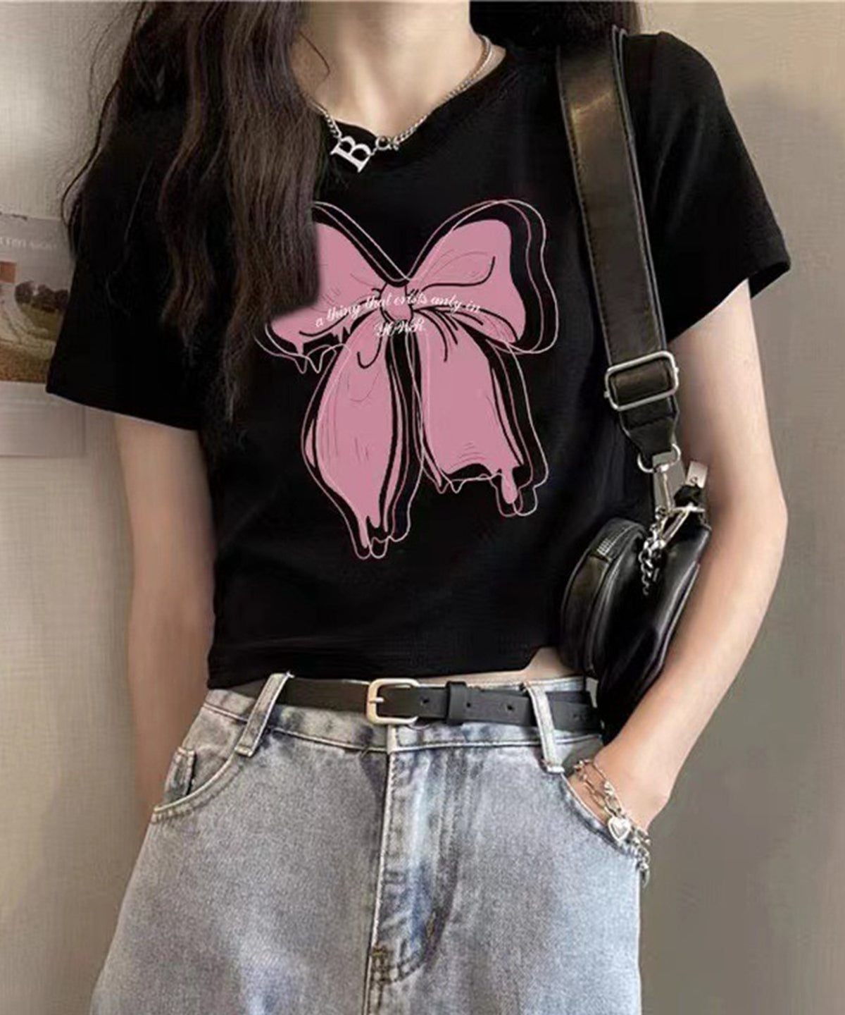 リボンプリント クロップド丈 クルーネック 半袖 Tシャツ