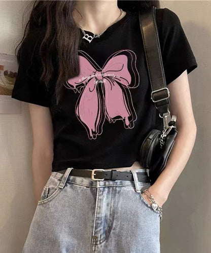 リボンプリント クロップド丈 クルーネック 半袖 Tシャツ