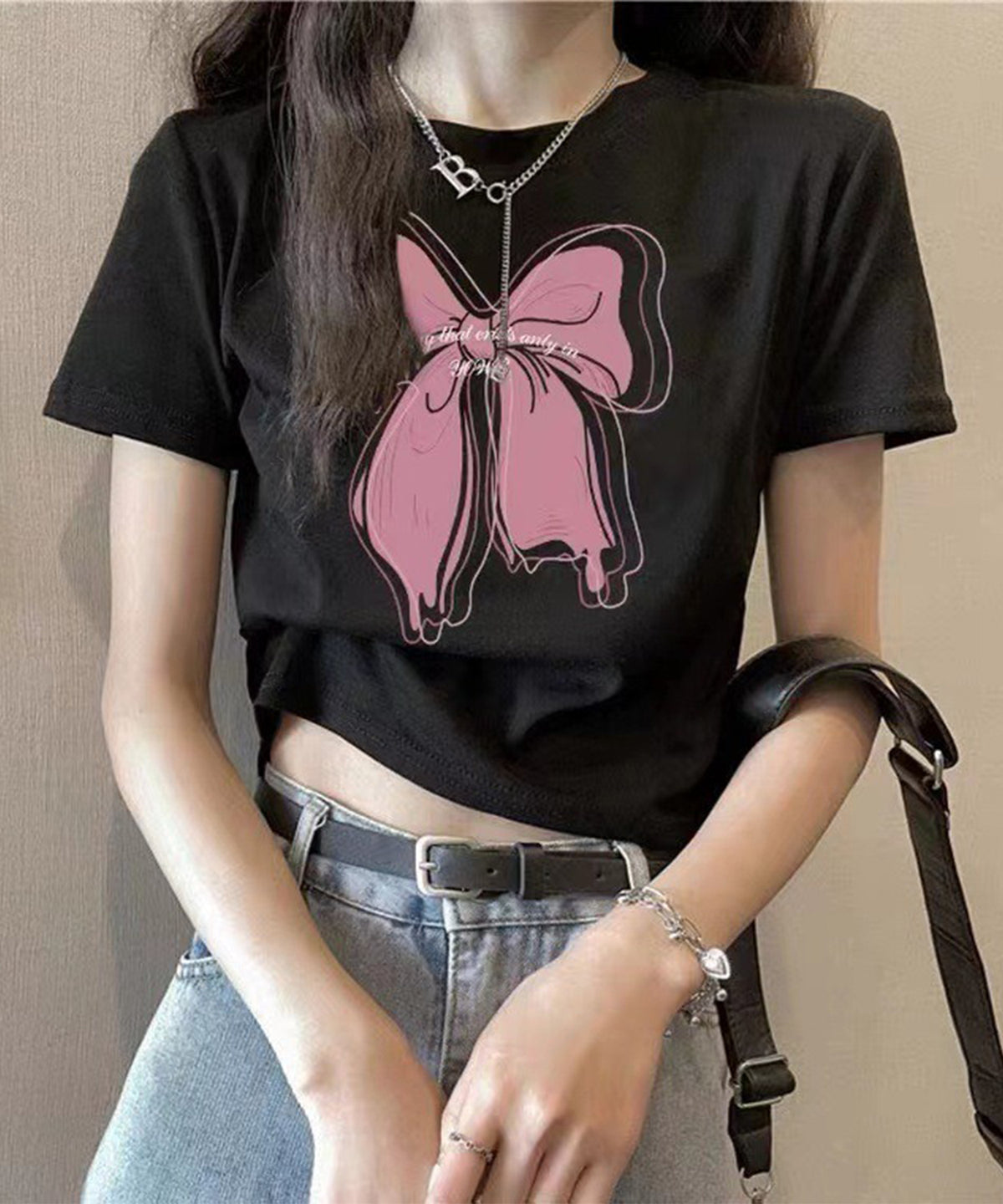 リボンプリント クロップド丈 クルーネック 半袖 Tシャツ