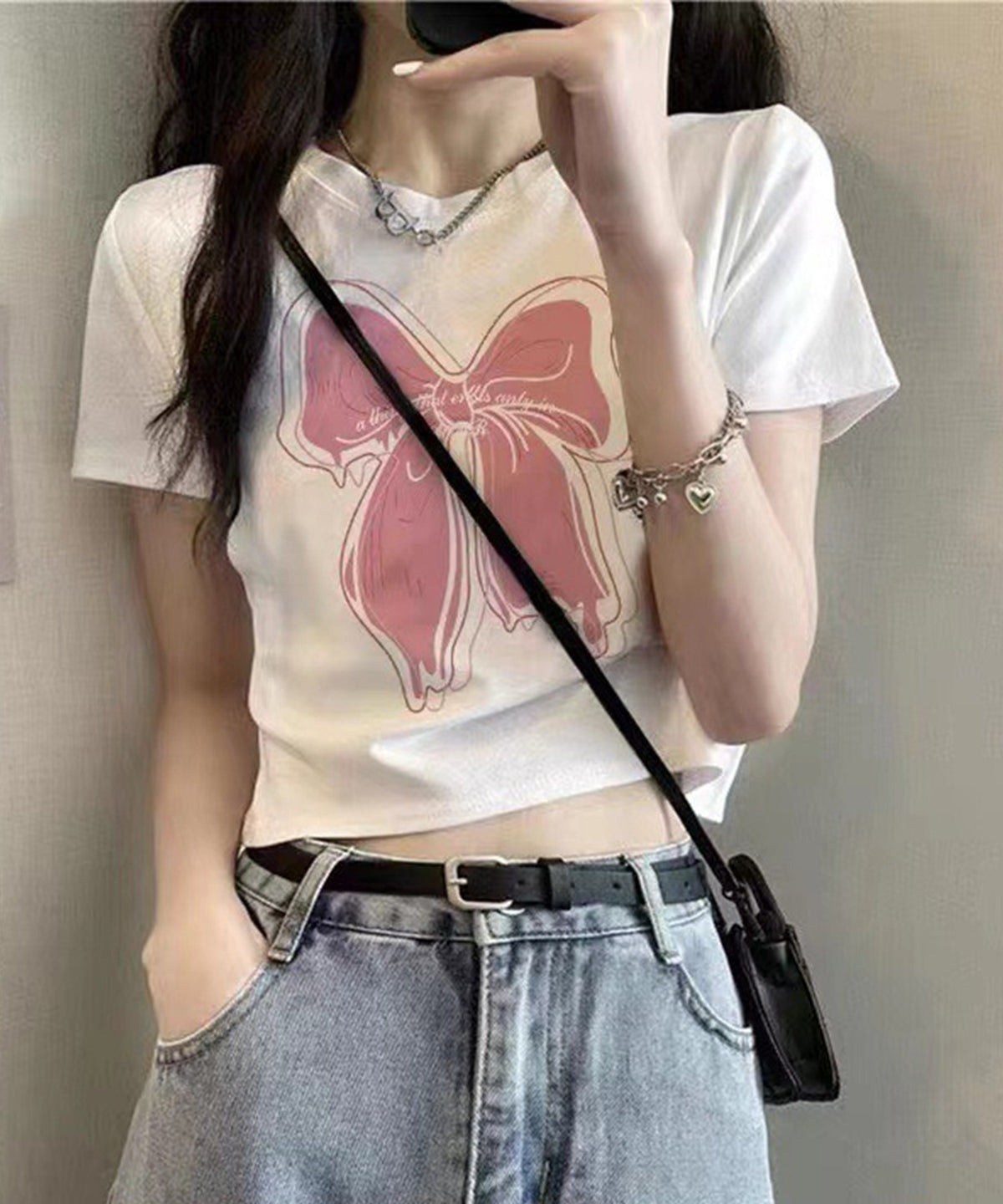 リボンプリント クロップド丈 クルーネック 半袖 Tシャツ