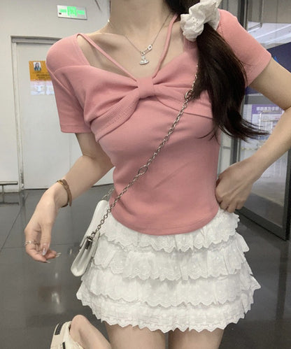 リボン ホルター デザイン 半袖 Tシャツ