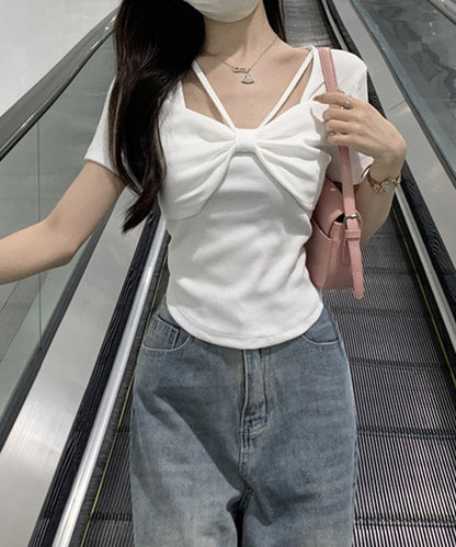 リボン ホルター デザイン 半袖 Tシャツ