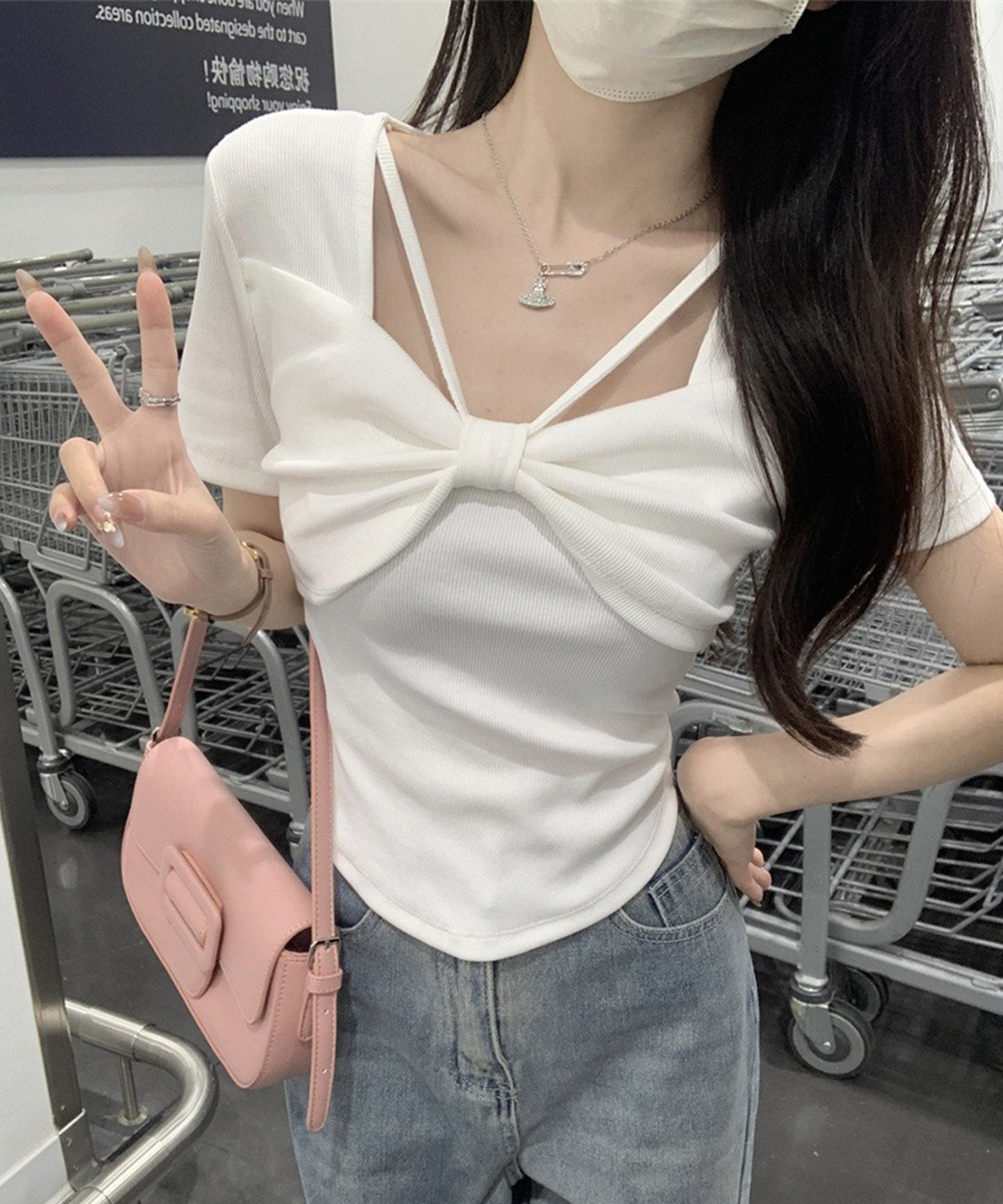 リボン ホルター デザイン 半袖 Tシャツ
