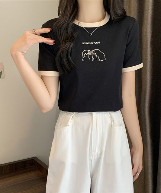 配色 プリント クルーネック 半袖 Tシャツ