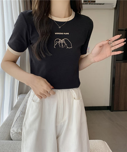配色 プリント クルーネック 半袖 Tシャツ