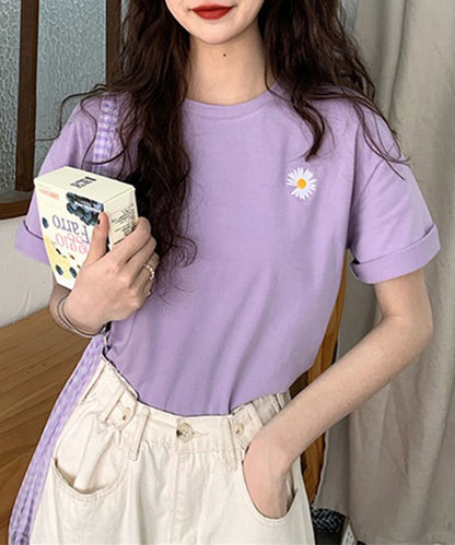 フラワー 刺繍 クルーネック 半袖 Tシャツ