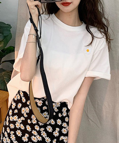 フラワー 刺繍 クルーネック 半袖 Tシャツ