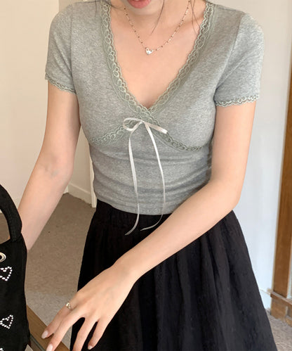 Vネック 花柄 レース リボン 半袖 リブ トップス