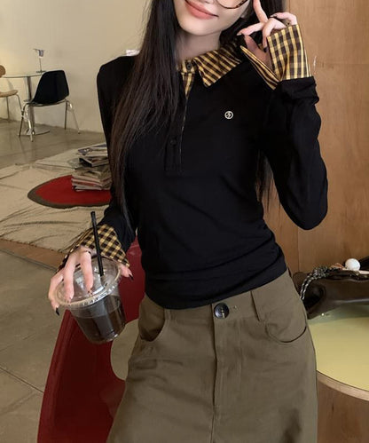 異素材 チェック柄 襟付き ポロ 長袖 プルオーバー