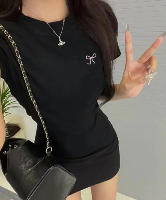 ワンポイント リボン刺繍 クルーネック 半袖 Tシャツ