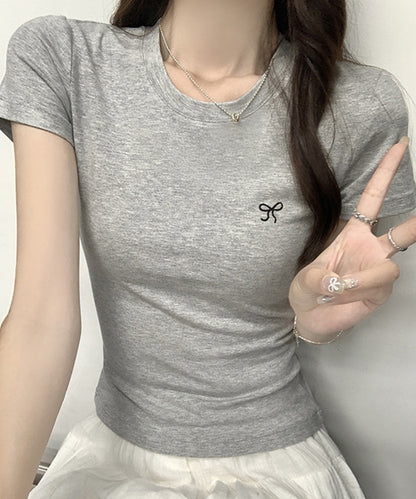 ワンポイント リボン刺繍 クルーネック 半袖 Tシャツ