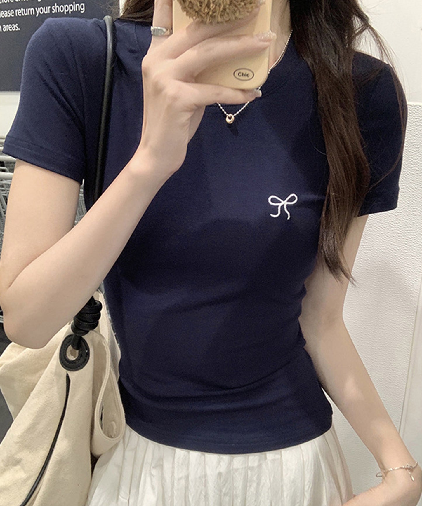 ワンポイント リボン刺繍 クルーネック 半袖 Tシャツ