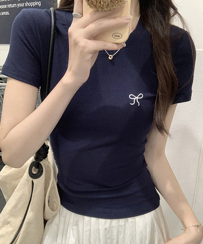 ワンポイント リボン刺繍 クルーネック 半袖 Tシャツ