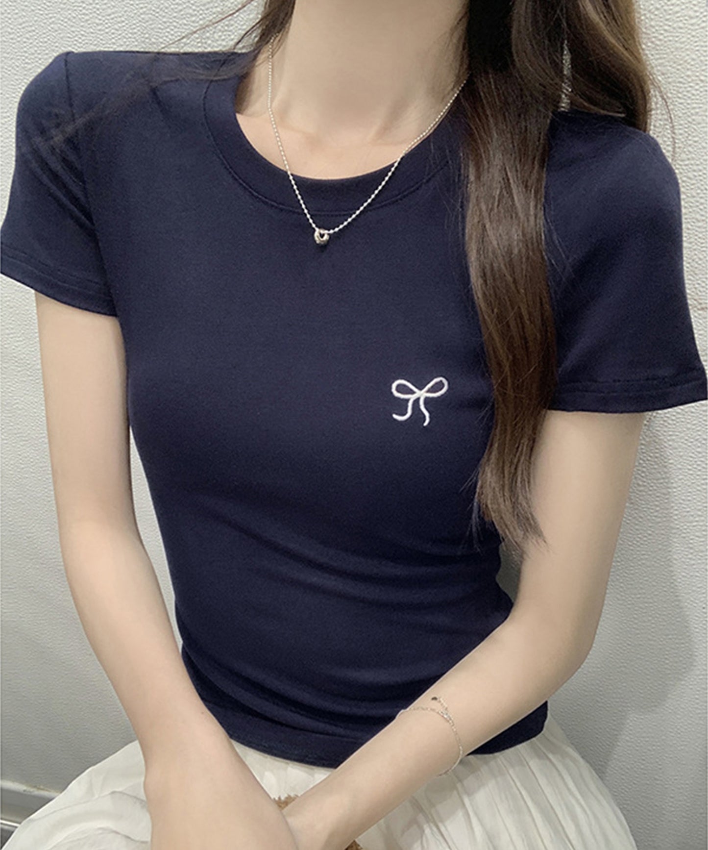 ワンポイント リボン刺繍 クルーネック 半袖 Tシャツ