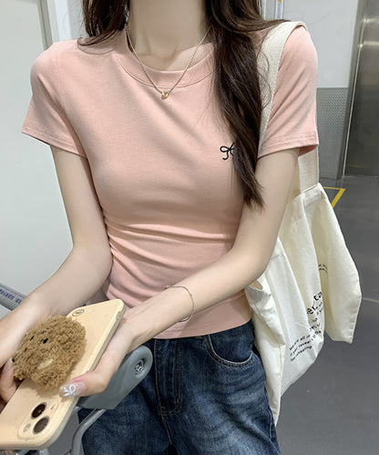 ワンポイント リボン刺繍 クルーネック 半袖 Tシャツ