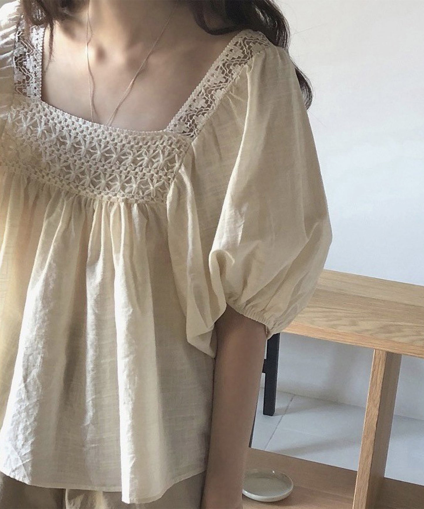 かぎ編みレース スクエアネック パフスリーブ 半袖 ギャザー ブラウス