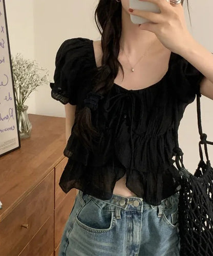 ワッシャー加工 ティアード フリル パフスリーブ ブラウス