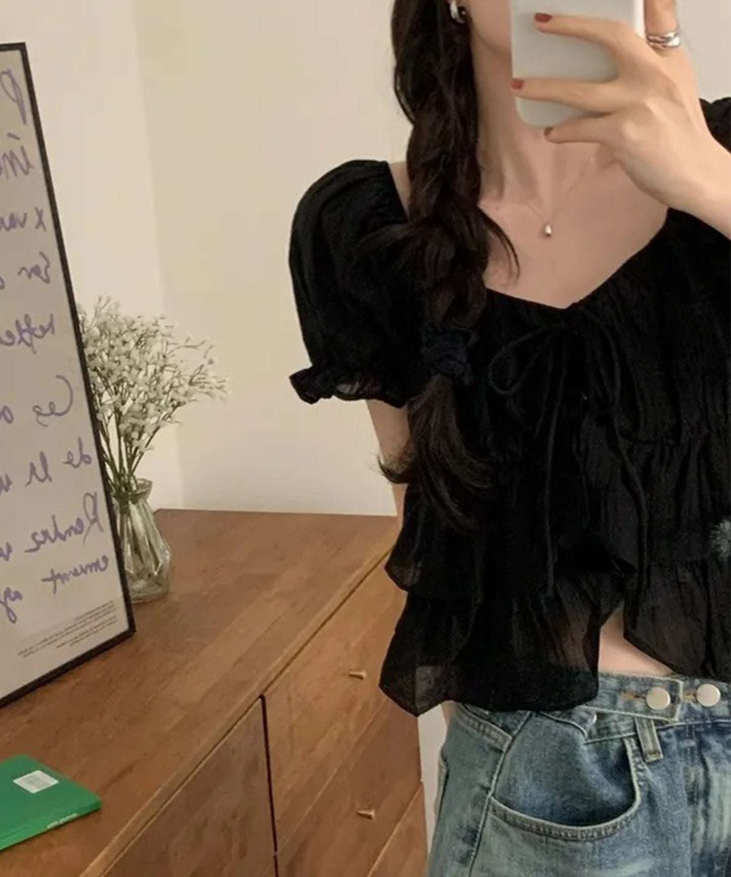 ワッシャー加工 ティアード フリル パフスリーブ ブラウス