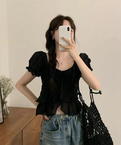 ワッシャー加工 ティアード フリル パフスリーブ ブラウス