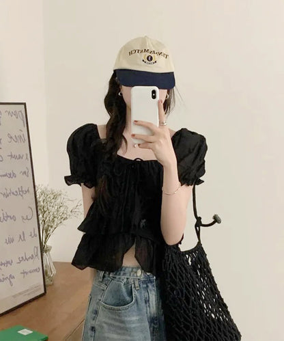 ワッシャー加工 ティアード フリル パフスリーブ ブラウス