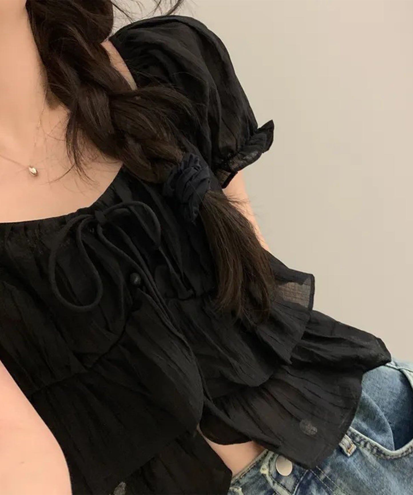 ワッシャー加工 ティアード フリル パフスリーブ ブラウス