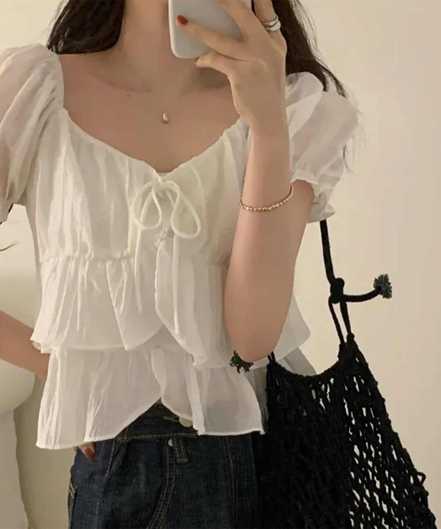 ワッシャー加工 ティアード フリル パフスリーブ ブラウス