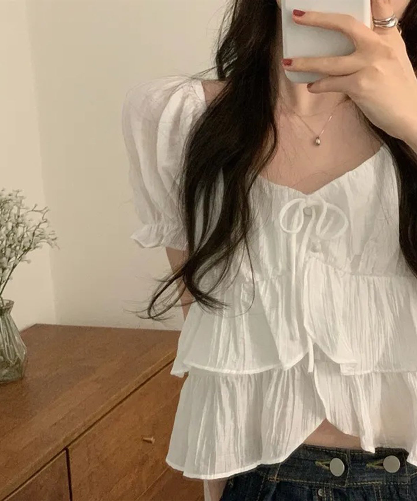 ワッシャー加工 ティアード フリル パフスリーブ ブラウス