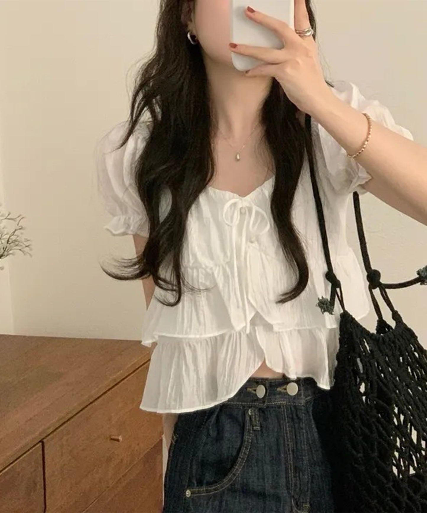 ワッシャー加工 ティアード フリル パフスリーブ ブラウス