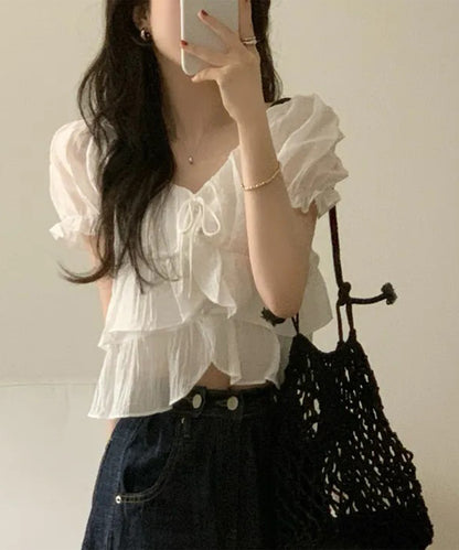 ワッシャー加工 ティアード フリル パフスリーブ ブラウス