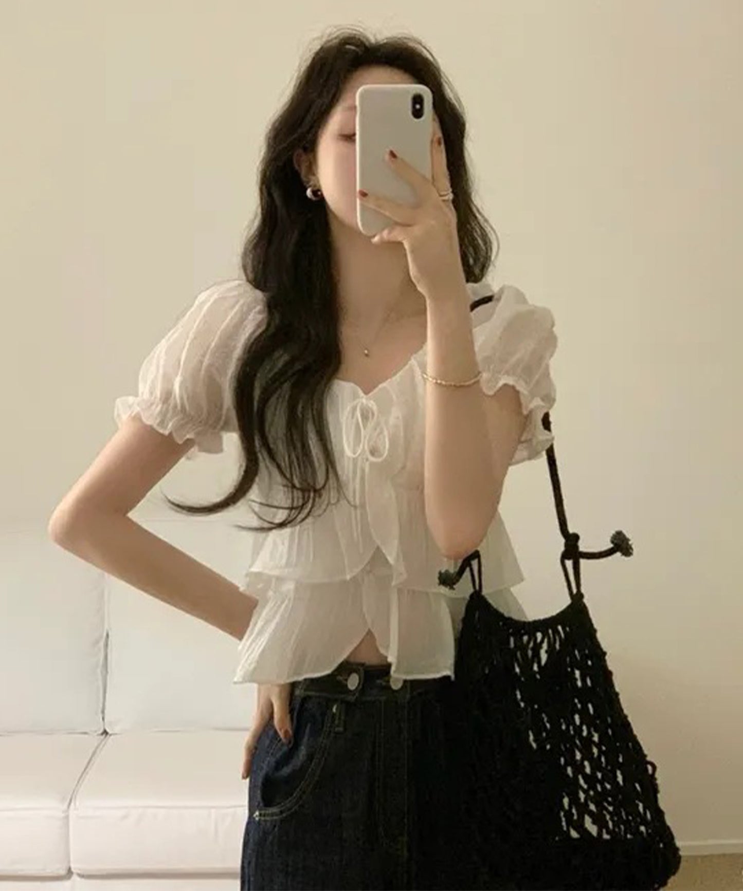 ワッシャー加工 ティアード フリル パフスリーブ ブラウス