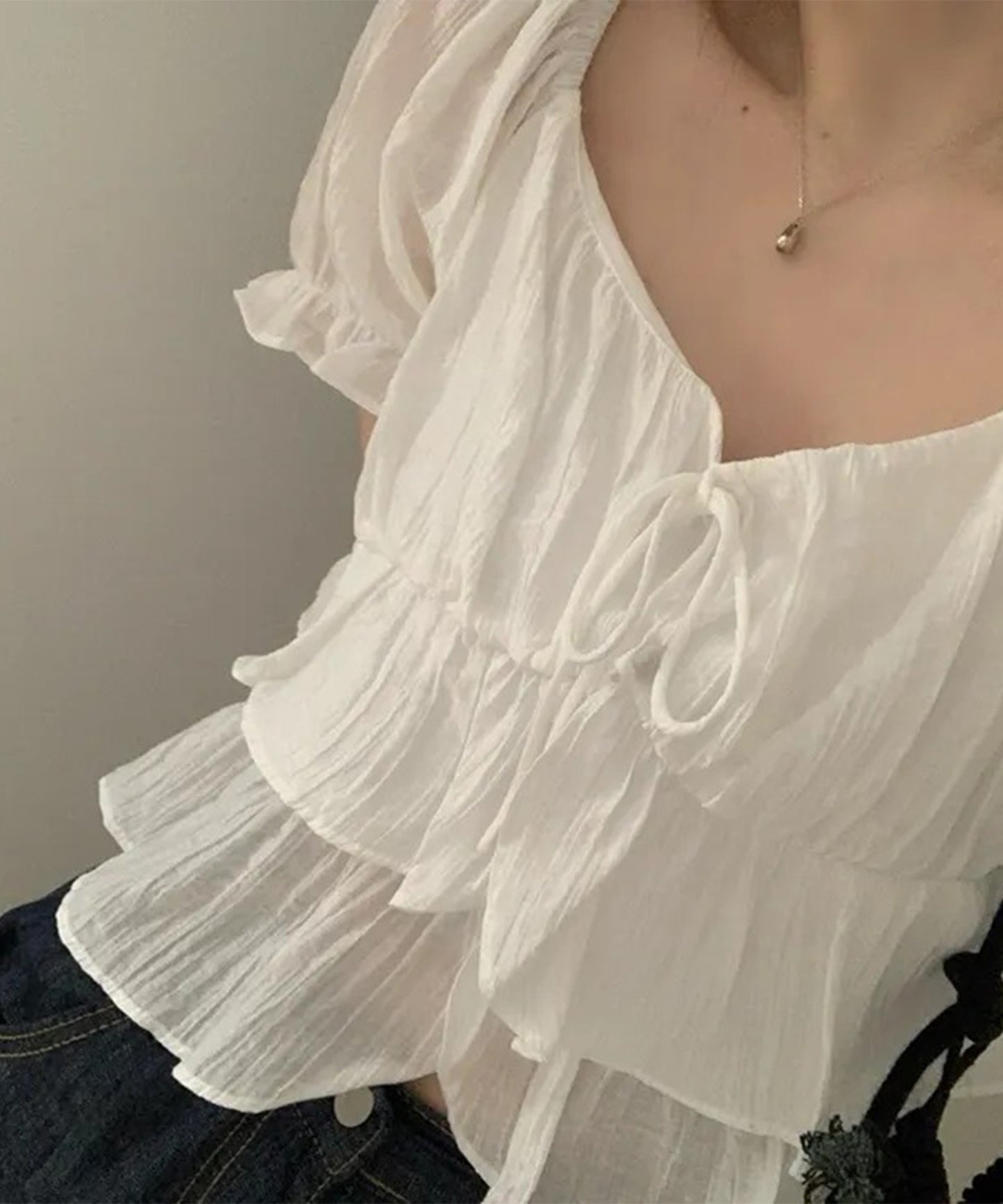 ワッシャー加工 ティアード フリル パフスリーブ ブラウス