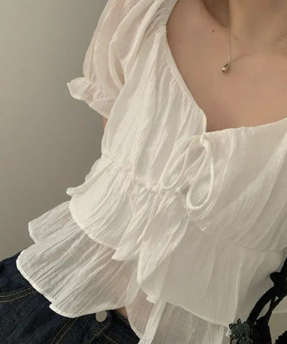 ワッシャー加工 ティアード フリル パフスリーブ ブラウス