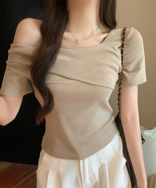 ワンショルダー アシンメトリー 半袖 リブ Tシャツ