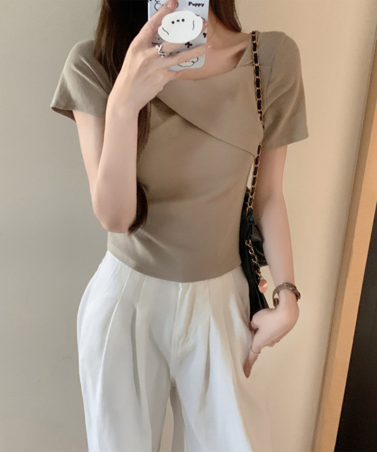ワンショルダー アシンメトリー 半袖 リブ Tシャツ