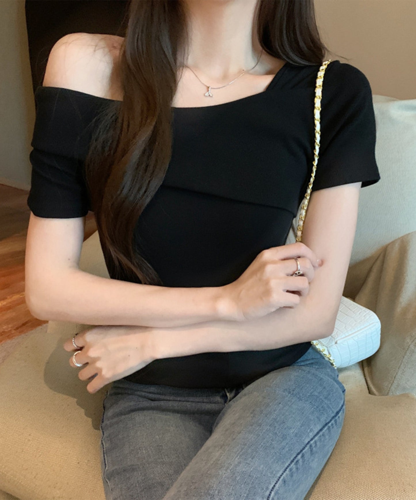 ワンショルダー アシンメトリー 半袖 リブ Tシャツ