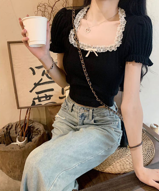 レース リボン スクエアネック パフスリーブ クロップド Tシャツ
