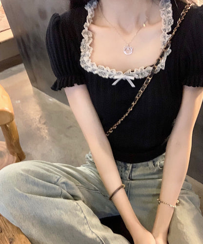 レース リボン スクエアネック パフスリーブ クロップド Tシャツ