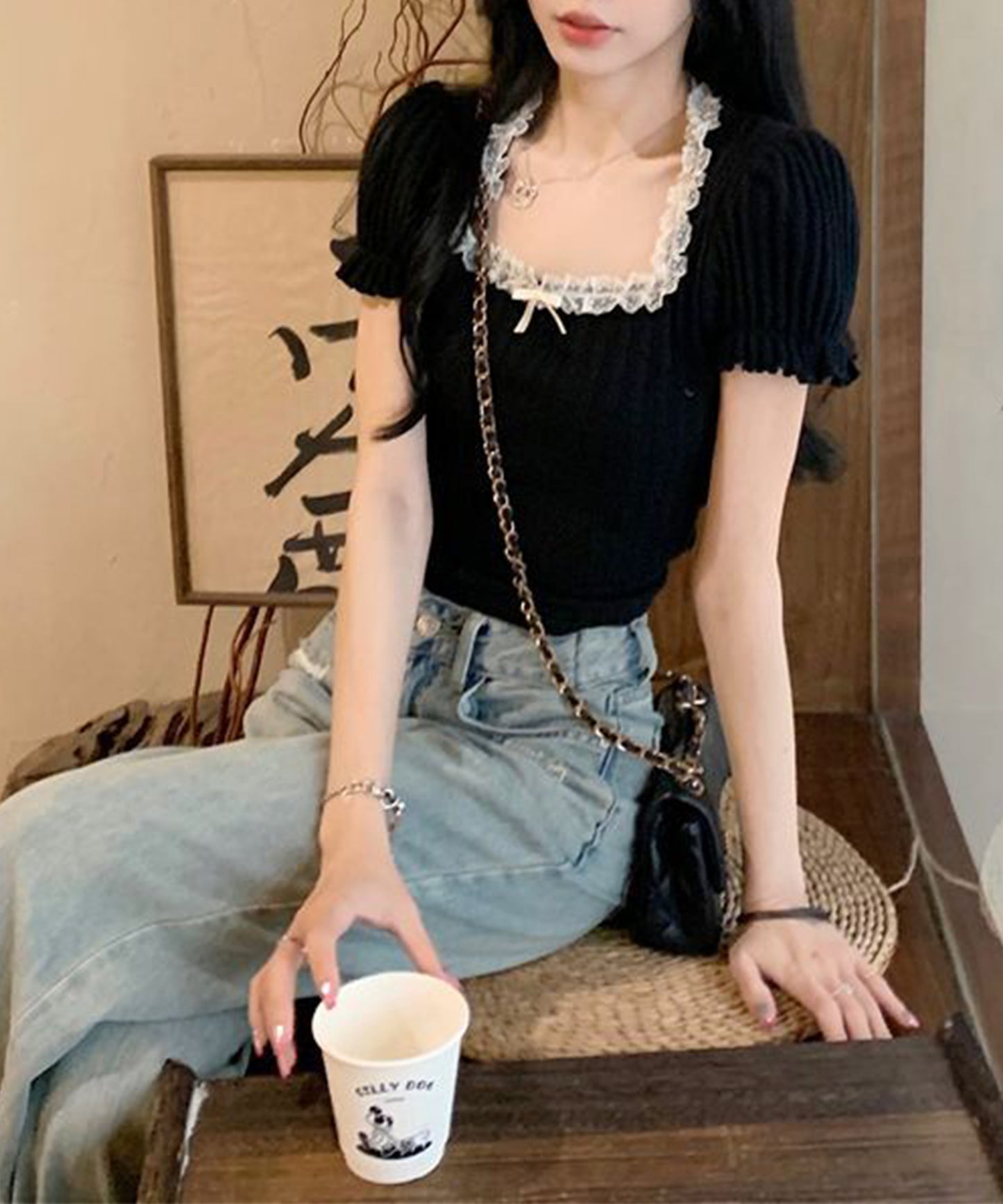 レース リボン スクエアネック パフスリーブ クロップド Tシャツ