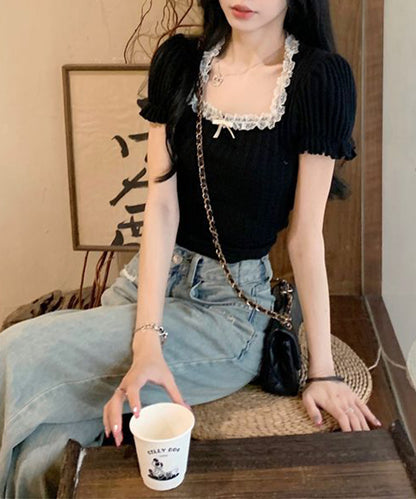 レース リボン スクエアネック パフスリーブ クロップド Tシャツ