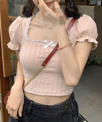レース リボン スクエアネック パフスリーブ クロップド Tシャツ