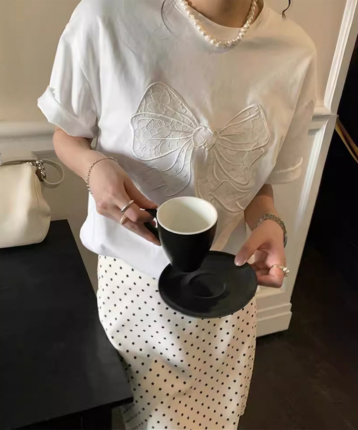 リボン 刺繍 オーバーサイズ 半袖 Tシャツ