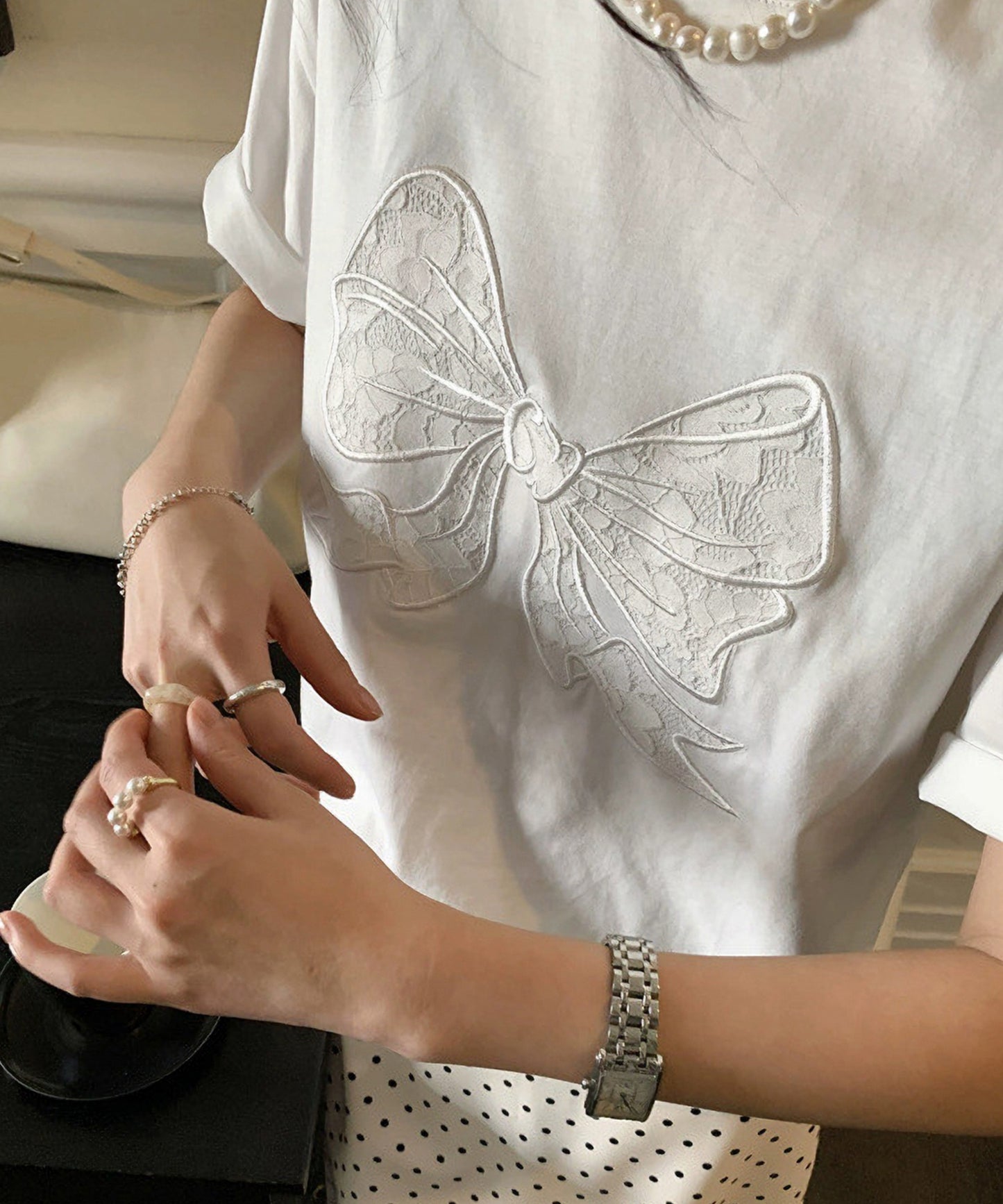 リボン 刺繍 オーバーサイズ 半袖 Tシャツ