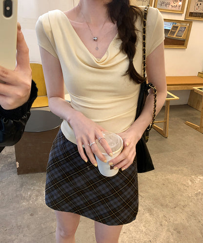 ドレープ 半袖 リブ オフショルダー Tシャツ