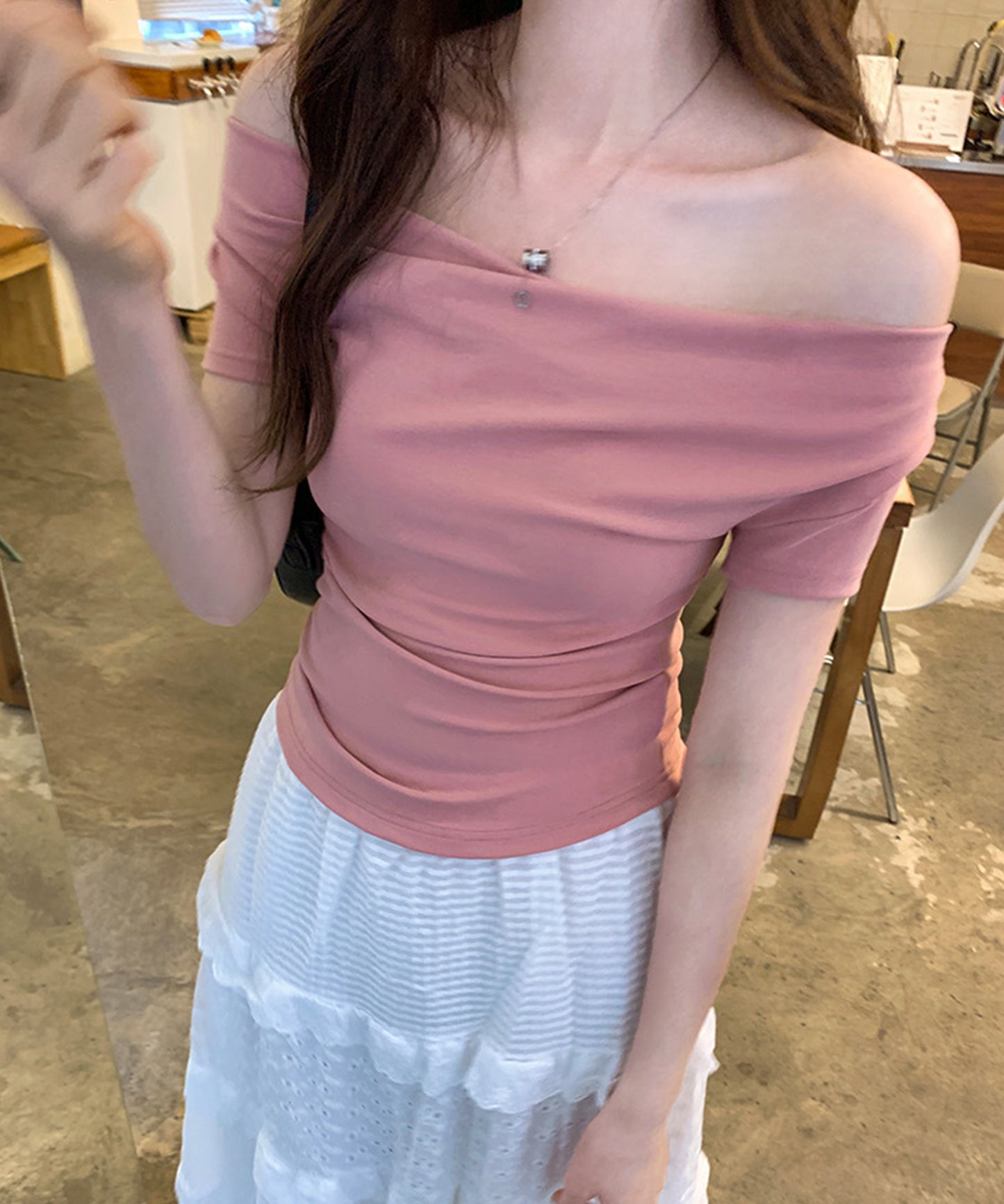 ドレープ 半袖 リブ オフショルダー Tシャツ
