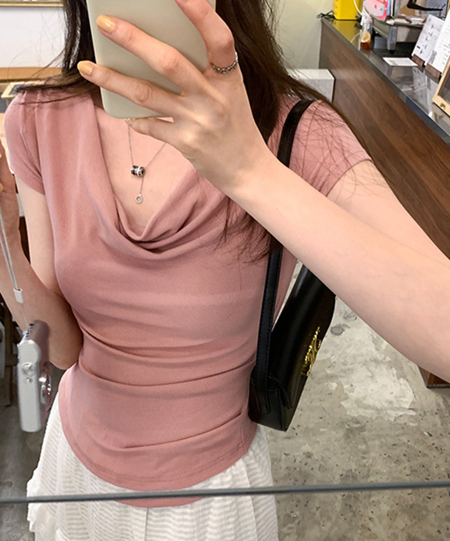 ドレープ 半袖 リブ オフショルダー Tシャツ
