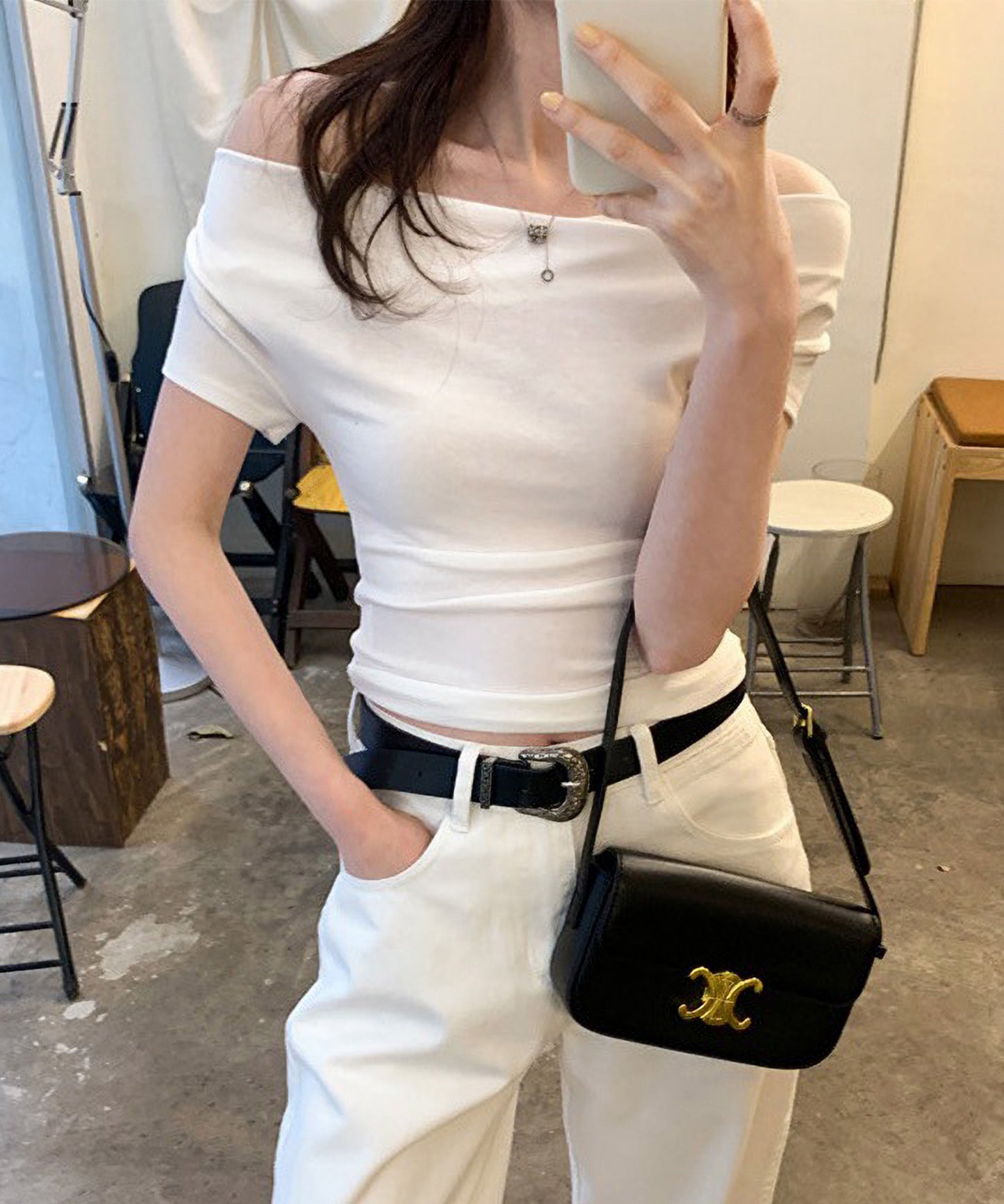 ドレープ 半袖 リブ オフショルダー Tシャツ