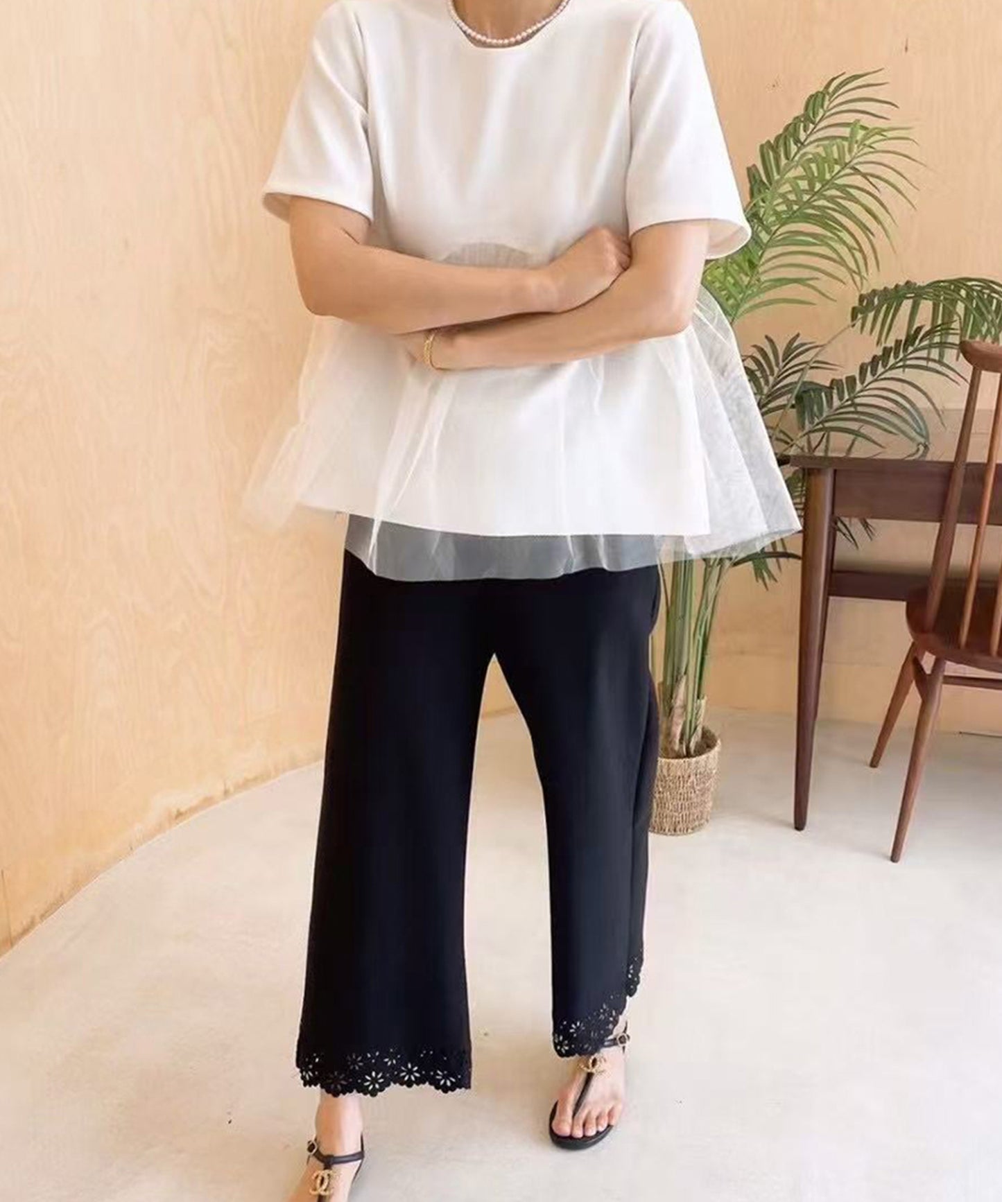 チュール ペプラム 半袖 クルーネック Tシャツ