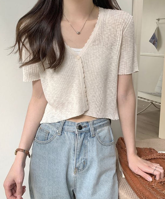 シアー Vネック 半袖 リブ ニット ショート カーディガン