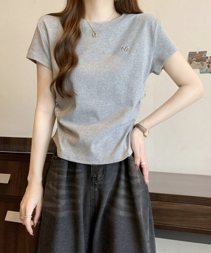 ハート刺繍 シャーリング クルーネック 半袖 Tシャツ